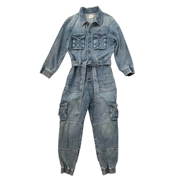 Alice + Olivia Distressed Etha Chambray Denim Jumpsuit - Tie Waist - Blue - 30 - Picture 4 of 12
